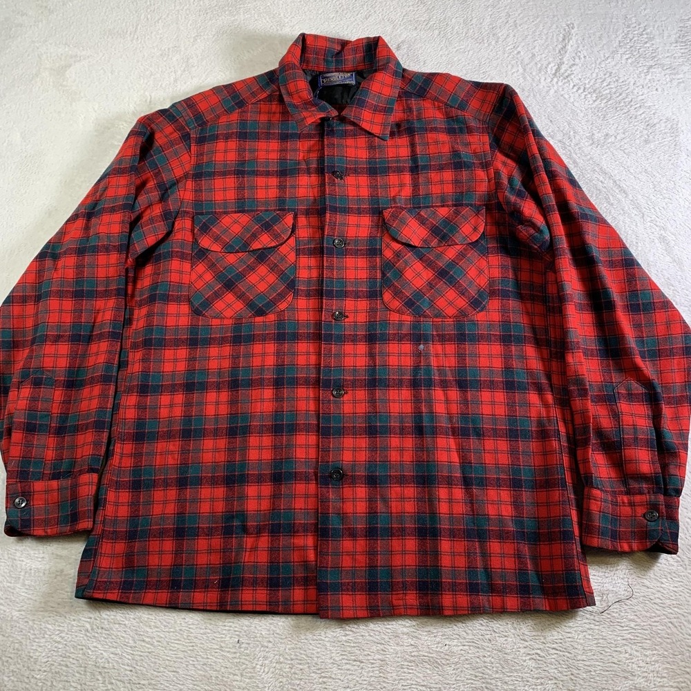 Vintage Pendleton Shirt‎ Mens M Red Plaid Wool Flannel Lumberjack 2 Pockets FLAW